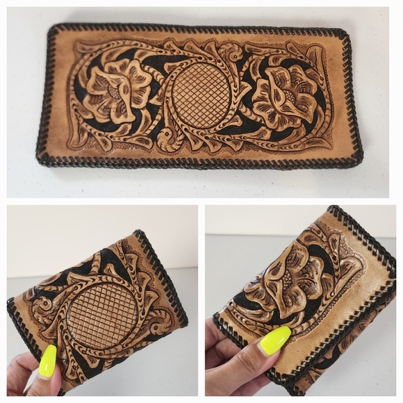 Vintage Tooled Brown Leather Wallet Mens Handmade 1970s Western Boho Cowboy 70s - Picture 1 of 9